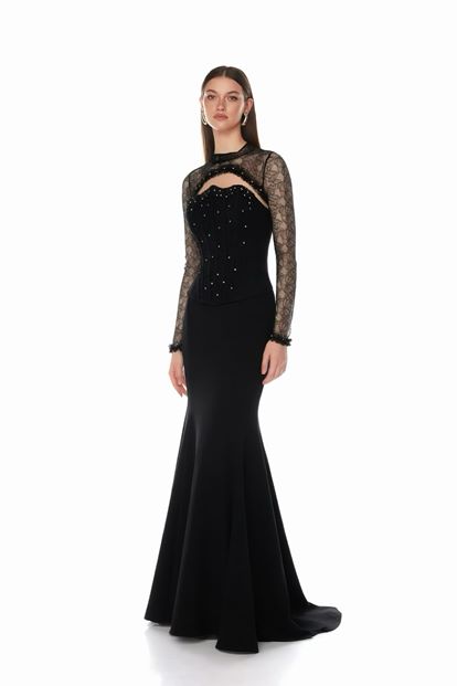 Robe de soirée noire à corset et effet dentelle